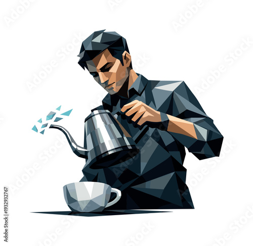 Low poly barista carefully pours hot water into a coffee cup with a gooseneck kettle