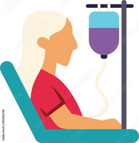 Patient sitting through an iv drip for healthcare or chemotherapy treatment