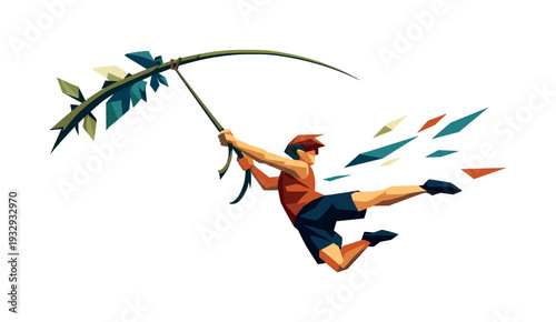 Dynamic geometric illustration of a person swinging on a branch with leaves and abstract shapes