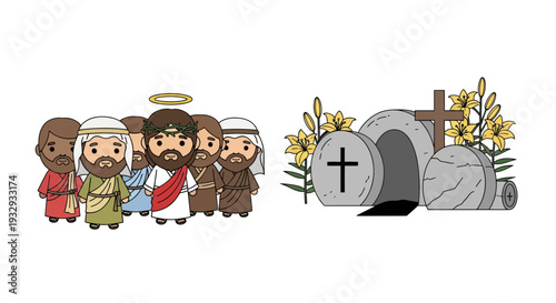 Jesus and Disciples Illustration, Vector Style Graphic, Easter, Christian, Religious Symbol