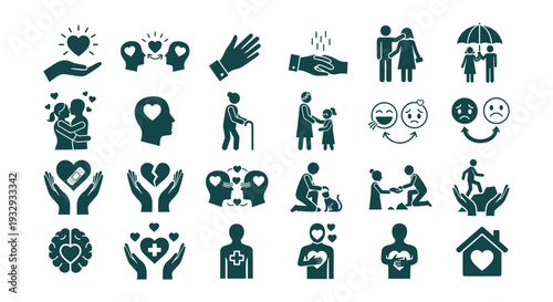 Comprehensive Vector Icons Illustrating Love, Empathy, Care, Support, and Mental Well-being Concepts