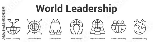 World Leadership web banner icon set vector illustration concept for business with icon of Global Leadership, Global Influence, Global Summit, World Dialogue, International Forum, Global Communi.