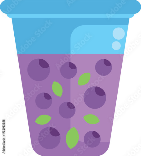Colorful illustration of a blueberry smoothie in a clear cup with leaves and berries