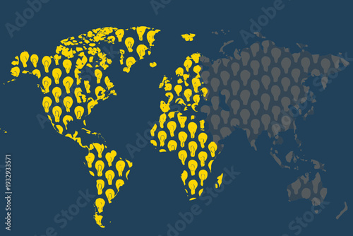 World map outline filled with glowing yellow light bulbs that gradually fade to dark during Earth Hour