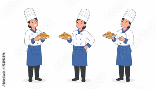 Three cartoon chefs in uniform holding plates of food.