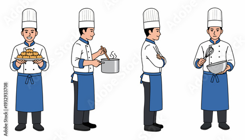 Four illustrations of a male chef in various poses, including holding food, cooking, and mixing ingredients.
