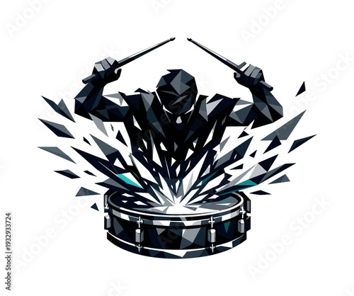 Dynamic Drummer Impact. Low-poly vector illustration of a drummer breaking through into a thunderous hit, sticks completing a
