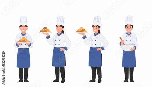 Illustration of four cartoon chefs, two male and two female, holding plates of food and a mixing bowl.