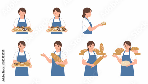 Set of illustrations featuring a female baker holding various baked goods and bakery tools.