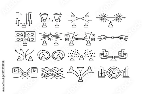 Competing Algorithm Icons. Line vector icons of two recommendation algorithms competing for attention: dual suggestion streams,