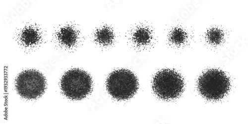Set of black grainy stippled circles and spray paint splatter textures for abstract grunge design vector illustration on white background