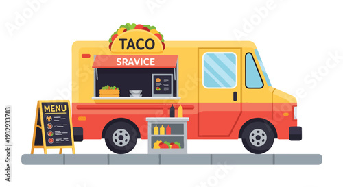 Modern flat vector illustration of street taco food truck serving customers at urban festival. Vibrant mobile street food business concept with chef window service, menu board and city lifestyle scene