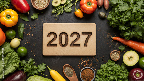 Wooden plaque with the year 2027 surrounded by fresh organic vegetables, greens, and spices on a dark rustic surface. Concept of healthy lifestyle goals and nutrition trends for 2027.