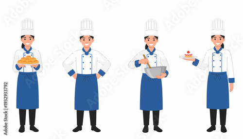 Set of four cartoon female chefs in blue and white uniforms, showcasing different cooking and baking actions, holding bread and dessert.