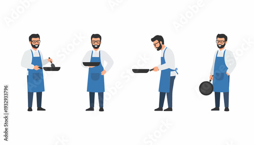 A man with a beard and blue apron holding a frying pan in four different cooking poses.
