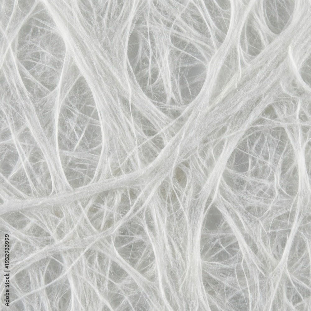 Fototapeta premium Macro photography of white mycelium fibers showing intricate organic network structure for bio-based material, sustainable packaging, and biotech visuals