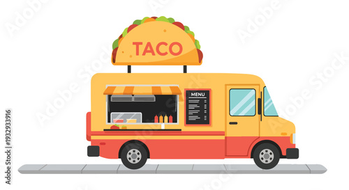 Modern flat vector illustration of street taco food truck serving customers at urban festival. Vibrant mobile street food business concept with chef window service, menu board and city lifestyle scene