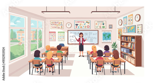 Diverse students learning in a bright, modern classroom with teacher at whiteboard.