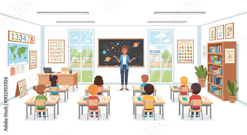 Diverse students in classroom learning with teacher explaining solar system on blackboard