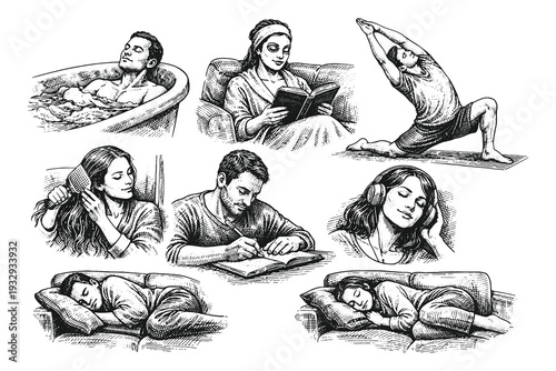 Detailed engraving style black and white vector illustration set of self care activities including bathing, yoga and sleeping scenes.