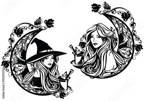 crescent moon decorated with rose flowers and beautiful long hair witch or garden nymph with mortar, pestle and medical herbs - alternative medicine and magic healer black and white vector portrait