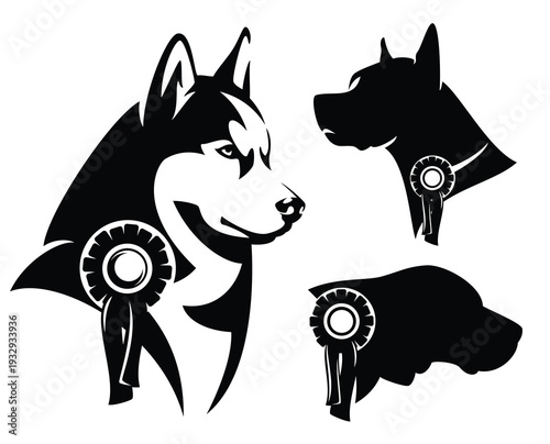 purebred dog wearing award ribbon rosette black and white vector outline and silhouette profile head portrait - canine show champion emblem design