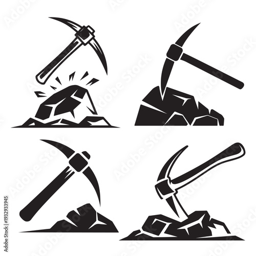 Powerful Mining Pickaxe Breaking Rock Silhouette Vector Icon Design