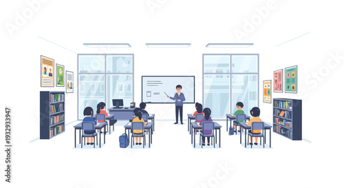 Children Learning Math in Bright Modern Classroom with Teacher and Whiteboard