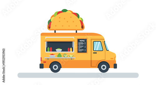 Modern flat vector illustration of street taco food truck serving customers at urban festival. Vibrant mobile street food business concept with chef window service, menu board and city lifestyle scene