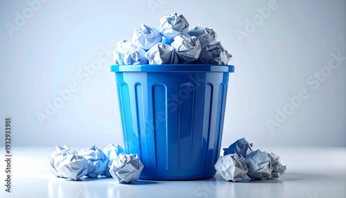クシャクシャに丸めた紙が入った青いゴミ箱の3Dイラスト
