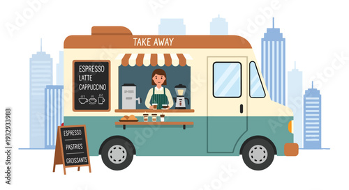 Modern flat vector illustration of coffee food truck serving takeaway espresso and pastry to customers in downtown street. Mobile cafe business concept with barista service window and urban lifestyle