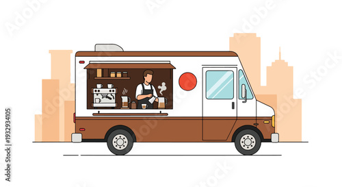 Modern flat vector illustration of coffee food truck serving takeaway espresso and pastry to customers in downtown street. Mobile cafe business concept with barista service window and urban lifestyle