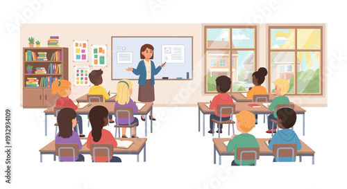 Diverse students in classroom learning from teacher at whiteboard, bright sunny day