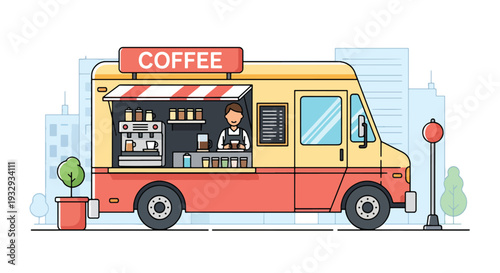 Modern flat vector illustration of coffee food truck serving takeaway espresso and pastry to customers in downtown street. Mobile cafe business concept with barista service window and urban lifestyle