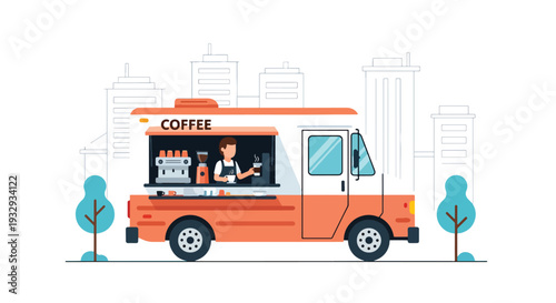 Modern flat vector illustration of coffee food truck serving takeaway espresso and pastry to customers in downtown street. Mobile cafe business concept with barista service window and urban lifestyle
