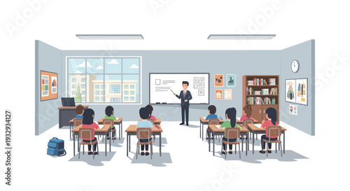 Teacher instructing students in a bright, modern classroom with whiteboard and bookshelves.