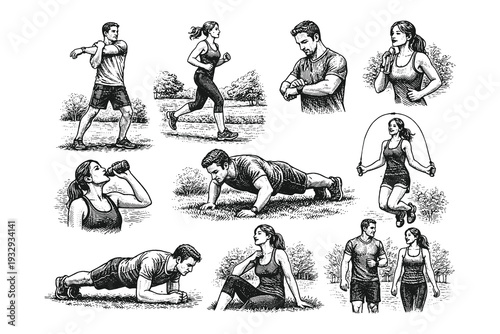 Vintage engraving style black and white vector illustration set of fitness exercises including running, push up and jump rope workouts.