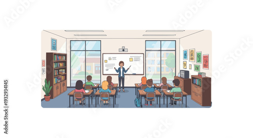 Teacher instructing students in a modern classroom with whiteboard and desks