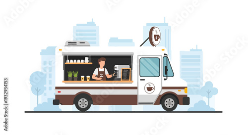 Modern flat vector illustration of coffee food truck serving takeaway espresso and pastry to customers in downtown street. Mobile cafe business concept with barista service window and urban lifestyle