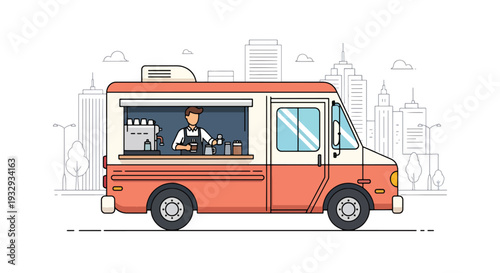 Modern flat vector illustration of coffee food truck serving takeaway espresso and pastry to customers in downtown street. Mobile cafe business concept with barista service window and urban lifestyle