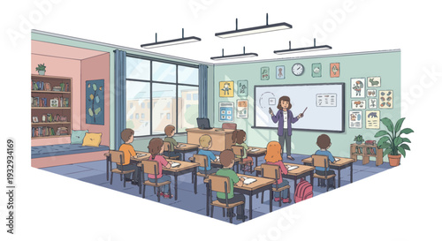 Diverse students in modern classroom learning from teacher at whiteboard