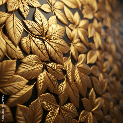 Close-up of textured gold leaf pattern on a dark surface, suggesting elegance and natural beauty, suitable for backdrop, wallpaper, or luxury themes