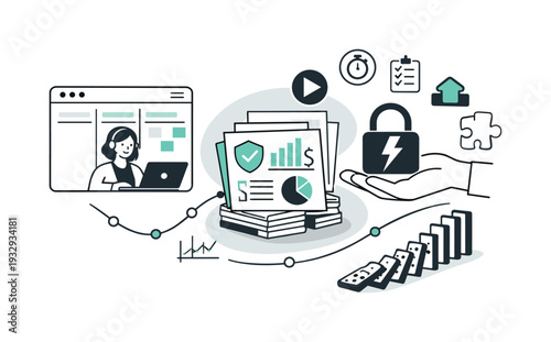 Modern minimal flat vector conceptual collage, crisp hard edges, consistent THIN outline stroke, rounded corners where needed,