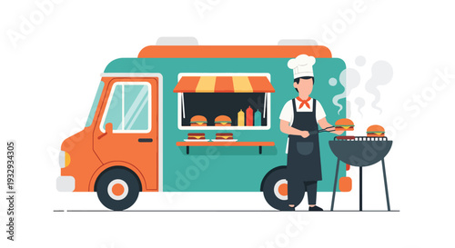 Modern flat vector illustration of burger food truck at night street market with chef grilling and customers waiting. Urban fast food mobile restaurant concept with lively evening outdoor dining scene