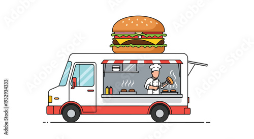 Modern flat vector illustration of burger food truck at night street market with chef grilling and customers waiting. Urban fast food mobile restaurant concept with lively evening outdoor dining scene