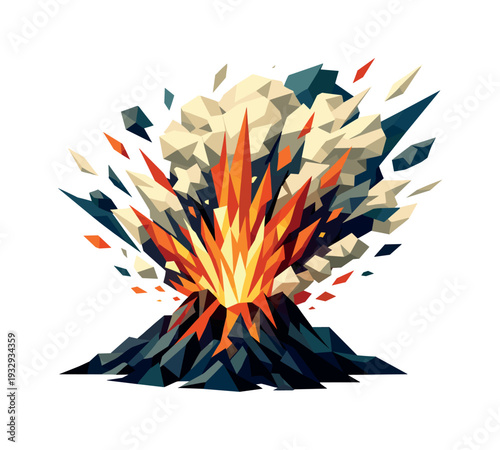 Low-poly vector illustration of a volcano eruption blast escalating, lava and ash blasting upward in jagged angular streams,