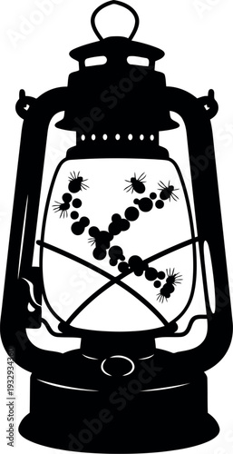 Vintage kerosene lantern silhouette with ants inside, black and white vector illustration