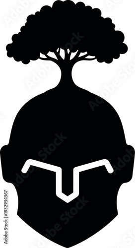 Creative silhouette of a warrior helmet with a tree growing from the head symbolizing wisdom and strength