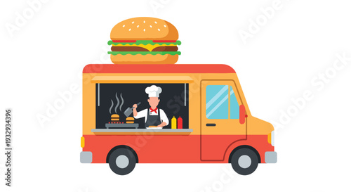 Modern flat vector illustration of burger food truck at night street market with chef grilling and customers waiting. Urban fast food mobile restaurant concept with lively evening outdoor dining scene