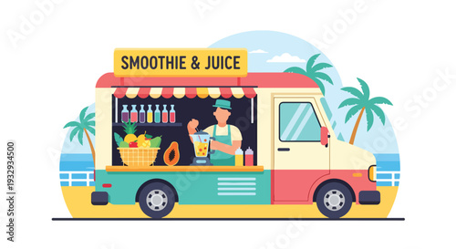 Modern flat vector illustration of smoothie and juice food truck near beach promenade. Healthy lifestyle mobile drink bar concept with fresh fruit beverages, summer vacation and outdoor leisure scene